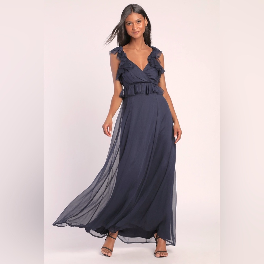 Lulus Navy blue Ruffle Chiffon Dress Bridesmaids Formal Prom Size S Small NWT